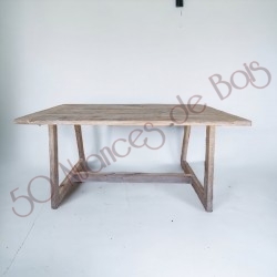 Table de Ferme en plancher de wagon blanchi + Pied trapèze en Bois