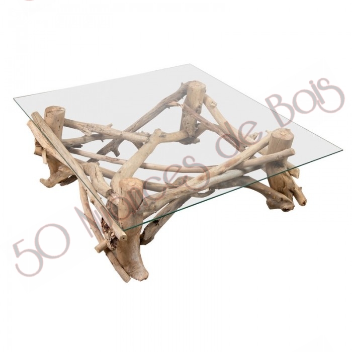 table basse en bois flotté et verre